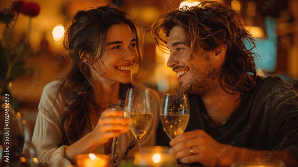 Romantic young couple enjoying dinner at home, celebrating wedding anniversary with wine and soft lighting Romantic young couple enjoying dinner at home, celebrating wedding anniversary with wine and soft lighting