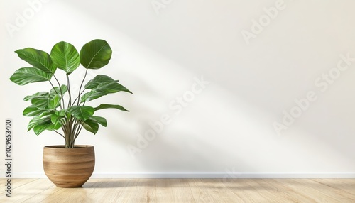 Wallpaper Mural A lush green plant in a wooden pot against a minimalist white wall, creating a serene and natural atmosphere. Torontodigital.ca