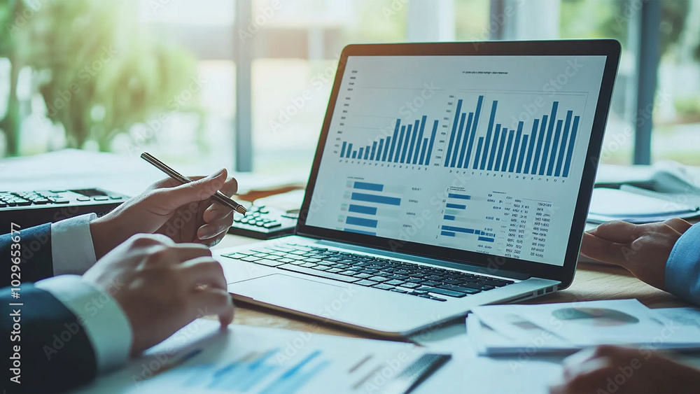 Obraz premium Digital Charts and Analytics Enhancing Decision-Making in a Modern Workspace