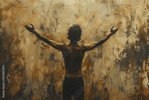Man with Raised Arms in Sepia Worship Art