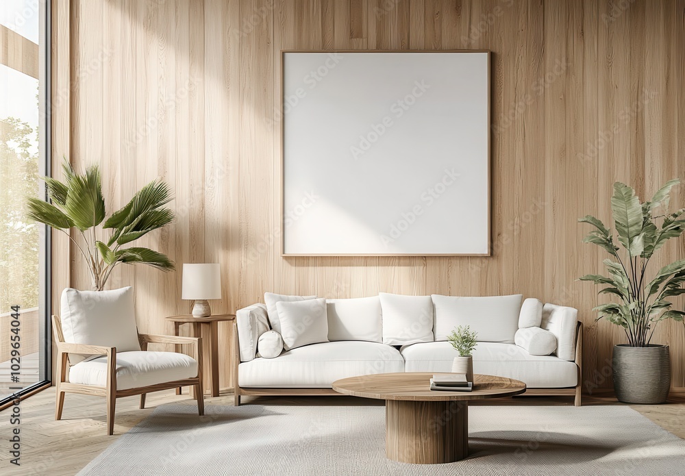 Naklejka premium A serene living room with white furniture and wooden accents, featuring plants and natural light.