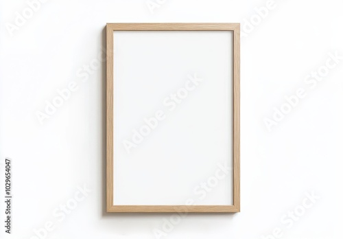 A simple, wooden framed empty canvas set against a white background exuding a minimalist, modern aesthetic.