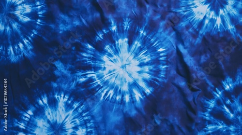 Vibrant Blue Tie-Dye Background with Abstract Patterns and Crumpled Fabric Effects. Hand-Dyed Design Featuring Indigo and Cyan Hues, Perfect for Artistic and Bohemian Textiles and Decorative Prints