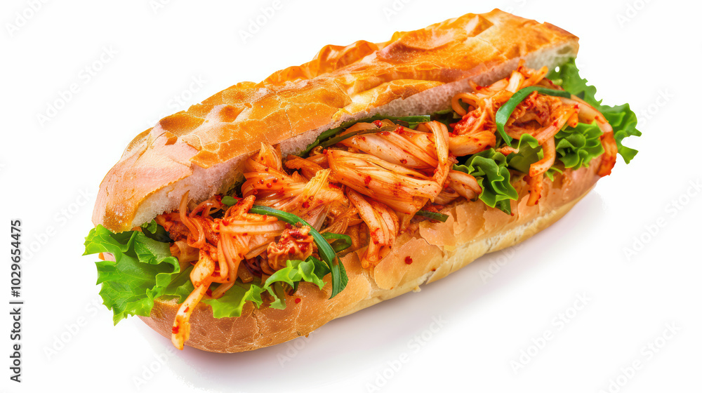 Delicious sandwich filled with spicy kimchi, fresh lettuce, and crispy baguette, perfect for flavorful meal Delicious sandwich filled with spicy kimchi, fresh lettuce, and crispy baguette, perfect for flavorful meal