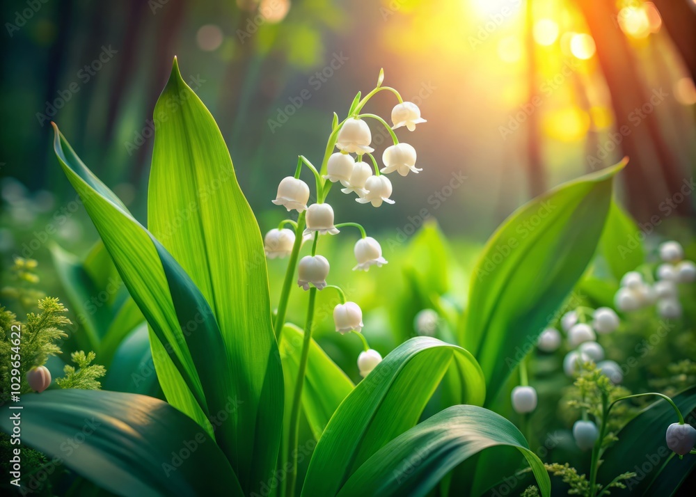 Obraz premium In a surreal spring forest, white lilies of the valley bloom among lush green leaves, creating an enchanting scene filled with fragrant whispers of nature's magic.