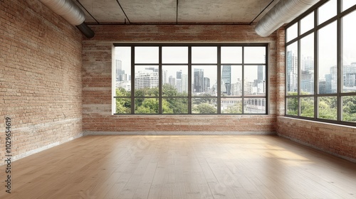 Spacious loft with brick walls, wooden floor, and large windows overlooking city skyline.