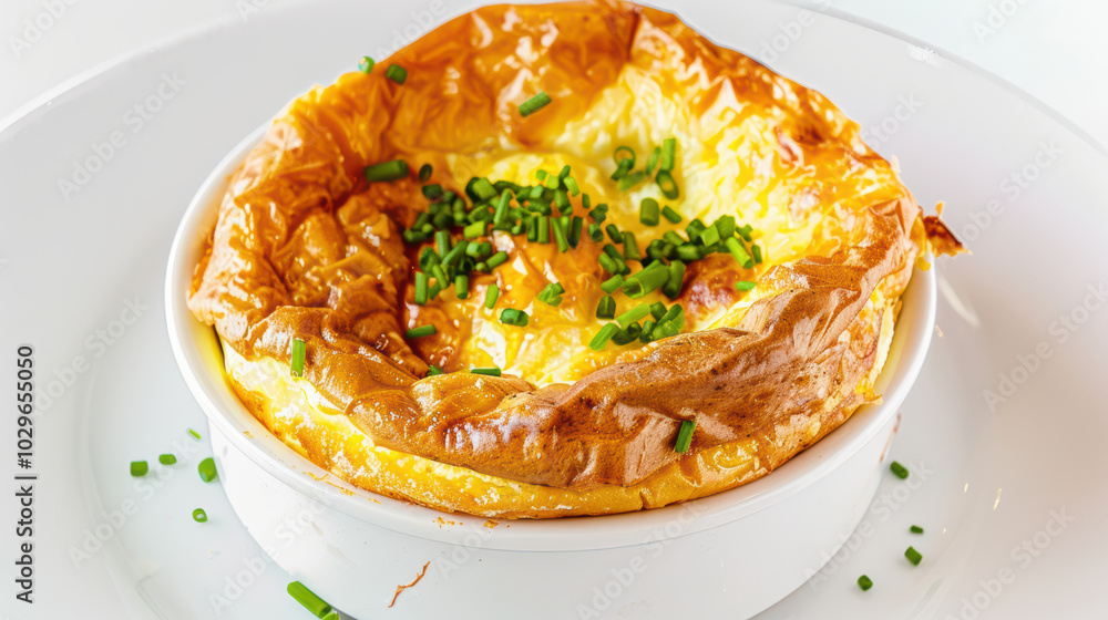 delicious cheese souffle topped with fresh chives, showcasing golden brown crust and fluffy interior, perfect for gourmet dining delicious cheese souffle topped with fresh chives, showcasing golden brown crust and fluffy interior, perfect for gourmet dining