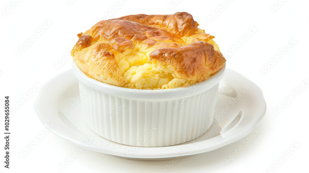 Fluffy and golden, this delicious cheese souffle is served in white ramekin on plate, showcasing its airy texture and inviting appearance Fluffy and golden, this delicious cheese souffle is served in white ramekin on plate, showcasing its airy texture and inviting appearance