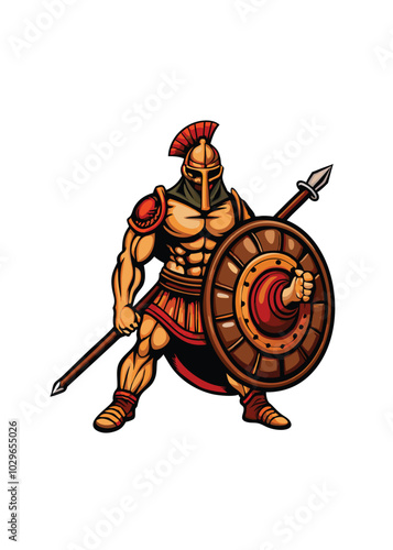 A fierce, muscular gladiator in full armor, wielding a spear and shield, ready for battle.