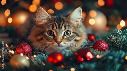 Adorable tabby kitten peeking through Christmas decorations, surrounded by twinkling lights and red ornaments. Festive feline charm captures holiday spirit.