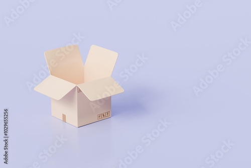 3D Realistic Open box parcel icon. Minimal Unboxing cardboard box, cargo box, delivery box icon isolated on purple background. Shipping delivery transportation logistic service concept. 3d render.