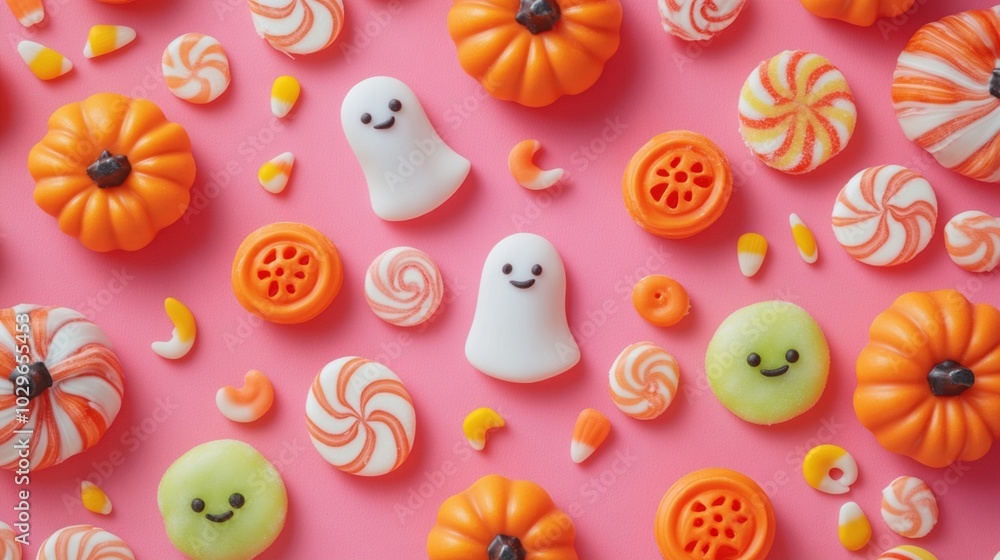 Festive Halloween candy spread on pink background: cute ghost marshmallows, pumpkin gummies, swirl lollipops, and candy corn create a playful and sweet holiday treat arrangement. Festive Halloween candy spread on pink background: cute ghost marshmallows, pumpkin gummies, swirl lollipops, and candy corn create a playful and sweet holiday treat arrangement.
