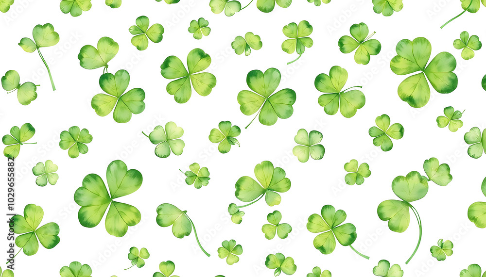 repeat pattern of hand drawn watercolor green shamrock leaves isolated with white highlights, png repeat pattern of hand drawn watercolor green shamrock leaves isolated with white highlights, png