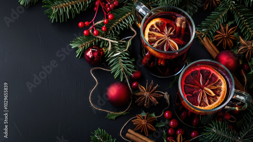 Warm and inviting, this festive scene features two mugs of spiced holiday drink adorned with dried citrus slices, surrounded by pine branches, red berries, and Christmas ornaments, evoking cozy