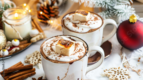 Warm and inviting hot chocolate topped with marshmallows and cocoa, perfect for cozy winter gatherings. festive decor adds cheerful touch to this delightful scene