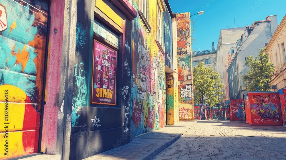 A narrow street lined with colorful graffiti-covered buildings, vibrant posters, and a glimpse of a tree in the background. A narrow street lined with colorful graffiti-covered buildings, vibrant posters, and a glimpse of a tree in the background.