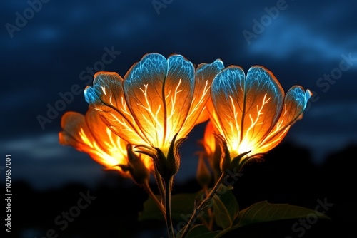 Ipomoea coccinea with glowing bioluminescent petals, under a dark sky photo