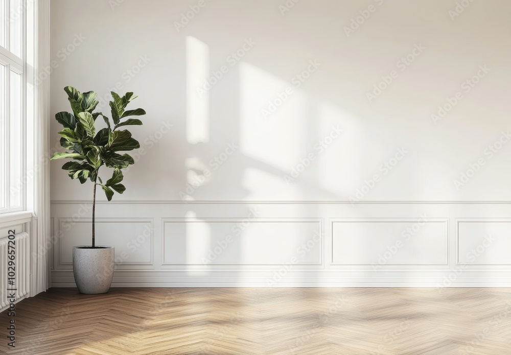 Fototapeta premium A serene, minimalist room with sunlight and a green plant in a pot.