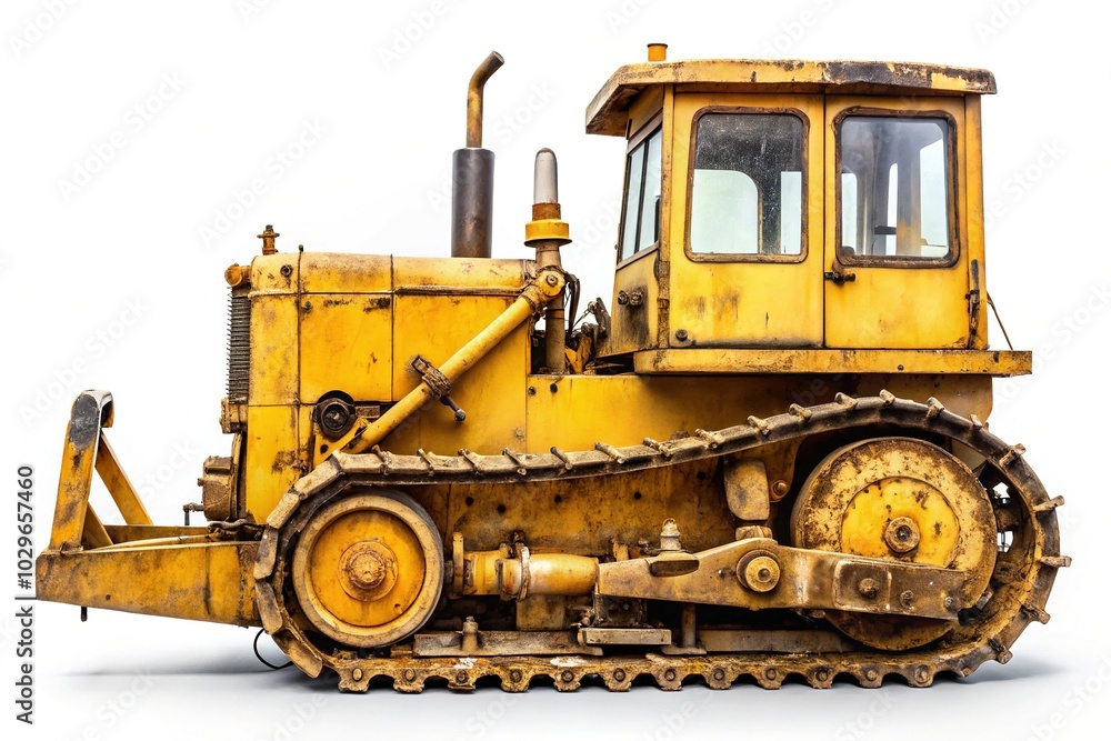 Old Yellow Bulldozer Isolated on White Background - Minimalist Heavy Machinery for Construction, Renovation, and Earth-Moving Projects with Rust and Wear Details Old Yellow Bulldozer Isolated on White Background - Minimalist Heavy Machinery for Construction, Renovation, and Earth-Moving Projects with Rust and Wear Details
