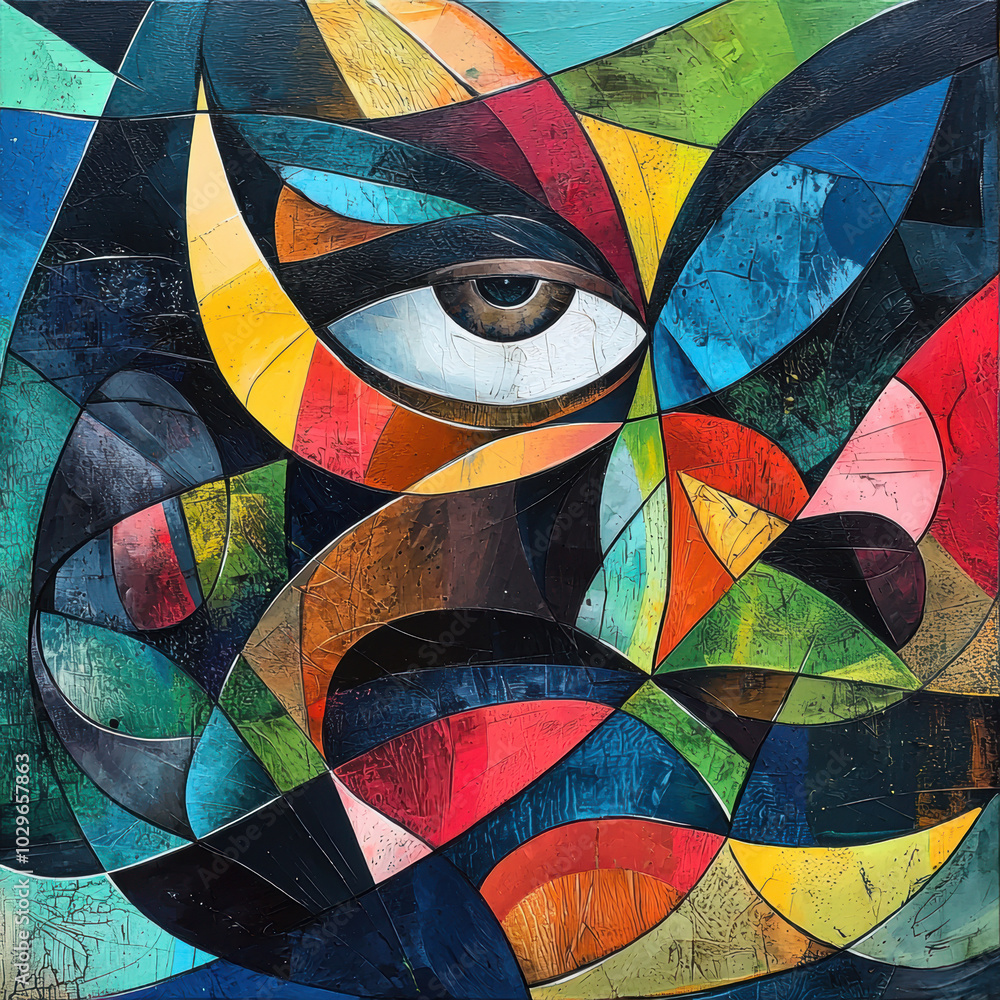 Fototapeta premium Colorful abstract artwork featuring a stylized eye and geometric shapes.
