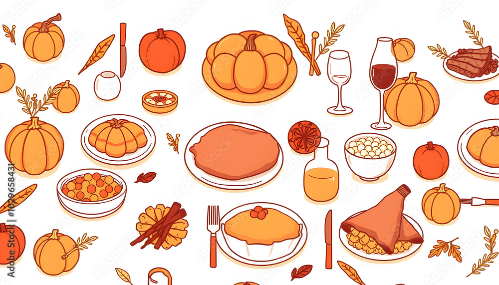 Thanksgiving table food illustration pattern isolated with white highlights, png Thanksgiving table food illustration pattern isolated with white highlights, png