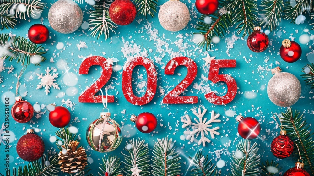 Festive 2025 New Year composition with red numbers, silver and red baubles, pine branches, and snowflakes on turquoise background with snow. Festive 2025 New Year composition with red numbers, silver and red baubles, pine branches, and snowflakes on turquoise background with snow.