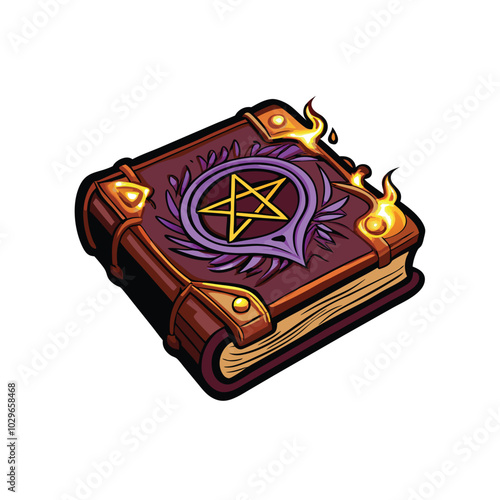 A floating spell book with glowing flames.