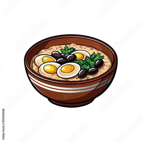 A realistic vector image of a bowl of congee with sliced boiled eggs, black beans and parsley garnish.