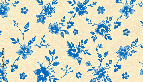 French blue floral linen seamless pattern with 2 tone country cottage style botanical motif. Simple vintage rustic fabric textile effect. Primitive modern shabby chic design isolated with white high