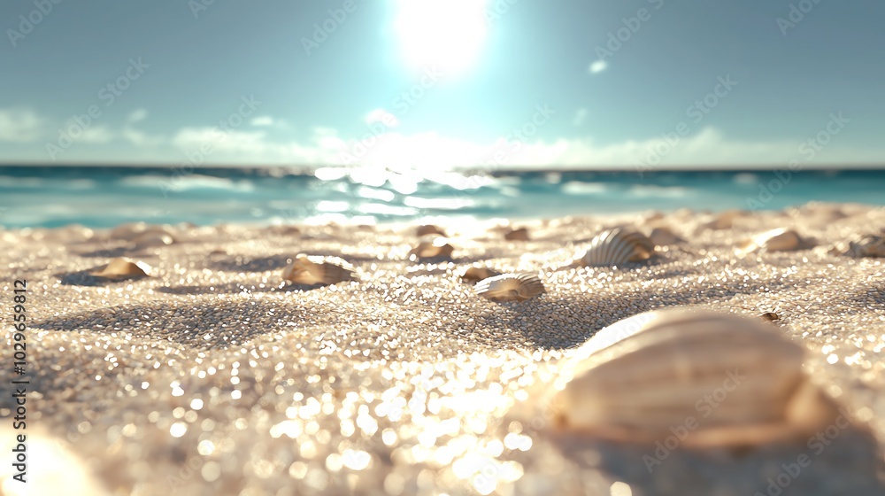 A serene beach scene featuring soft sand, seashells, and gentle waves, illuminated by a bright sun reflecting on the water. A serene beach scene featuring soft sand, seashells, and gentle waves, illuminated by a bright sun reflecting on the water.