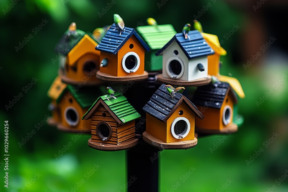 Small birdhouse community with multiple houses on one pole Small birdhouse community with multiple houses on one pole
