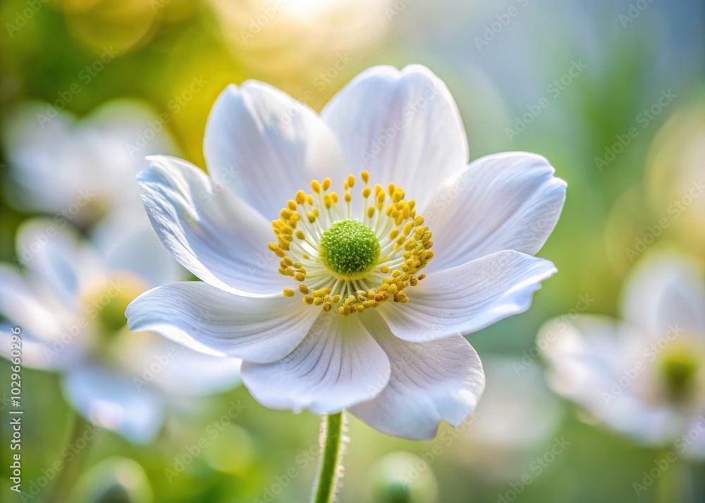 Stunning Close-Up of White Anemone Flower with Natural Background - Macro Photography of Flora, Nature's Beauty, and Botanical Details Stunning Close-Up of White Anemone Flower with Natural Background - Macro Photography of Flora, Nature's Beauty, and Botanical Details