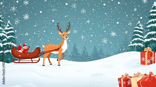 Merry Moment and Activities Reindeer in the snow with Christmas sleigh, festive scene, flat design illustration