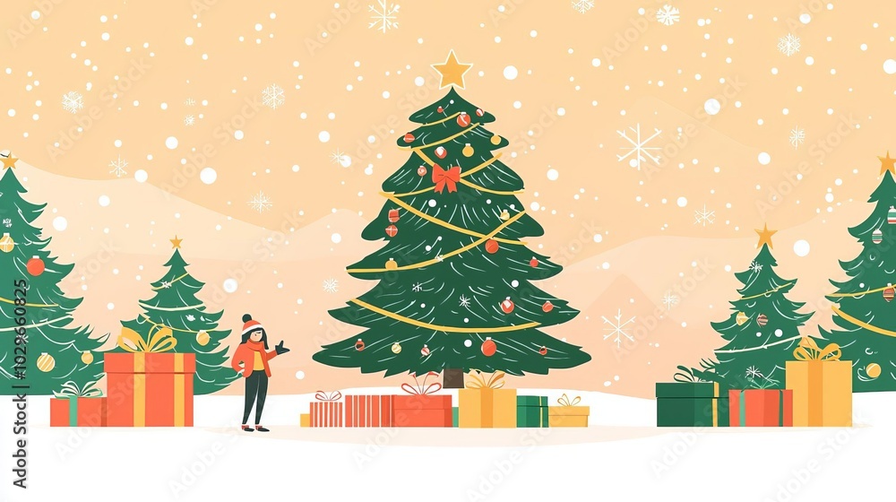 Fototapeta premium Merry Moment and Activities Christmas tree, decorated with gifts, flat design illustration