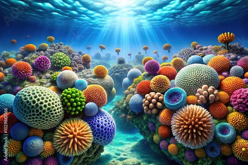 Stunning Panoramic View of Coccolithophorids in 3D Render â€“ Vibrant Marine Phytoplankton, Underwater Ecosystem, Scientific Visualization, Macro Photography, Ocean Life, Nature's Art photo