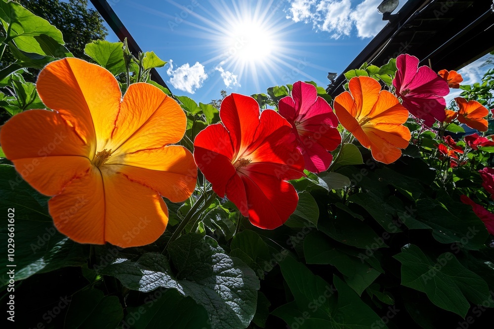 Vine of Ipomoea coccinea with red and orange mixed blooms on a sunny day Vine of Ipomoea coccinea with red and orange mixed blooms on a sunny day