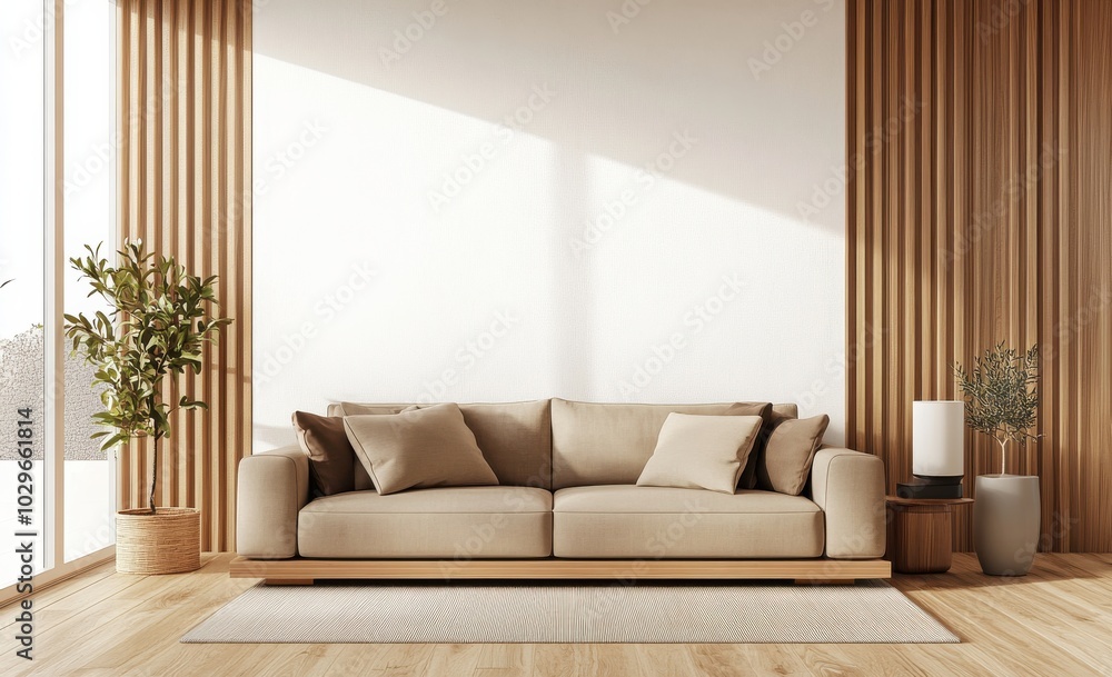 Fototapeta premium Bright living room with beige sofa, wooden panels, plants, and soft lighting.
