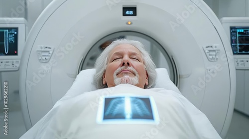 An elderly man lying on a medical bed in a modern hospital during a CT scan with advanced imaging technology.