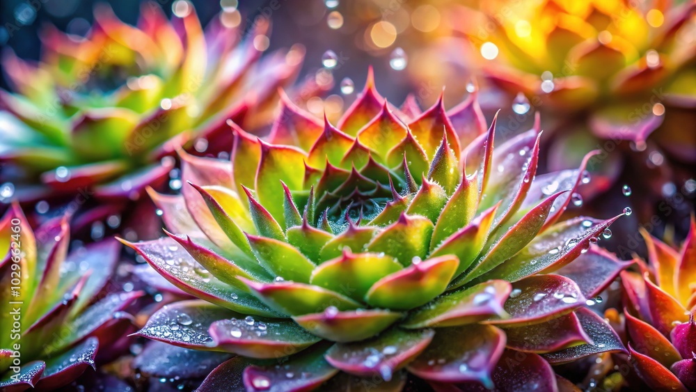 Surreal Sempervivum Leaves with Glimmering Rain Drops in a Dreamlike Nature Setting Surreal Sempervivum Leaves with Glimmering Rain Drops in a Dreamlike Nature Setting