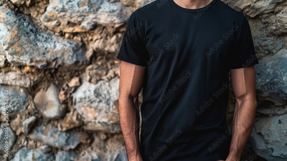 Man Wearing a Black T-Shirt Against a Stone Wall Man Wearing a Black T-Shirt Against a Stone Wall