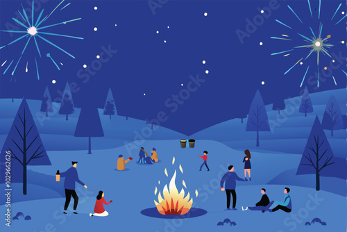 Illustration of a snowy park at night with couples and families gathered around a campfire and watching fireworks.