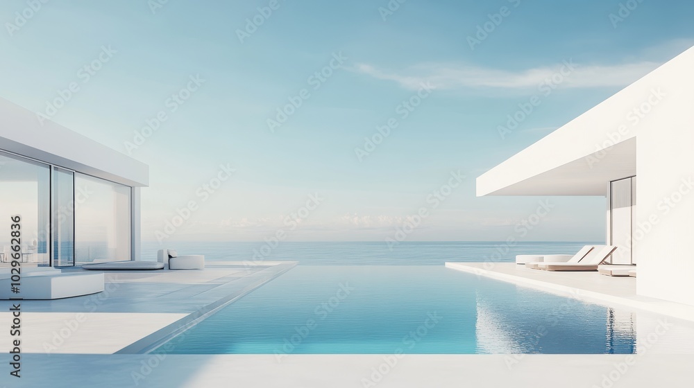 Minimalist villa with infinity pool overlooking the sea under a clear blue sky. Minimalist villa with infinity pool overlooking the sea under a clear blue sky.
