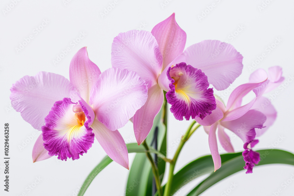 Obraz premium Pink orchid flowers with purple highlights against a white background.