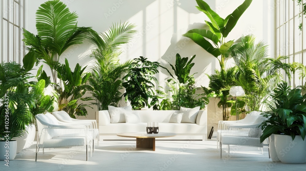 A bright, modern room filled with green tropical plants and white furniture. A bright, modern room filled with green tropical plants and white furniture.