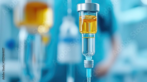 Close-up of IV drip equipment in a medical setting, showcasing a clear infusion bottle filled with liquid medication.