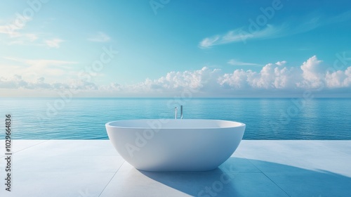 A serene white bathtub overlooking an endless ocean under a clear blue sky.