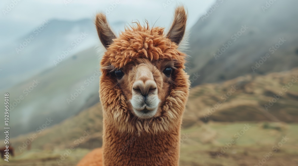 Obraz premium Close-up Portrait of a Brown Alpaca in a Mountainous Landscape