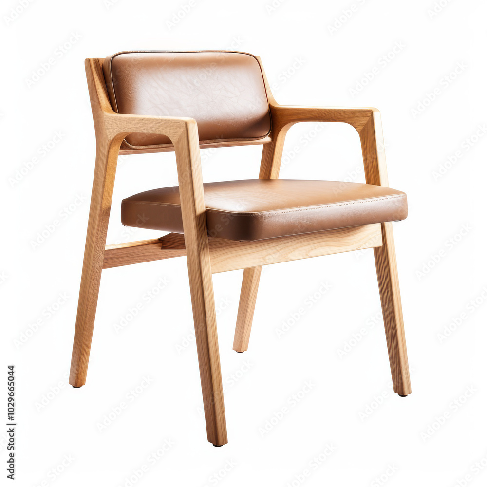 Modern Wooden Chair with Brown Leather Cushion in Minimalist Design for Office or Home Furnishing - Stylish Furniture Photo Modern Wooden Chair with Brown Leather Cushion in Minimalist Design for Office or Home Furnishing - Stylish Furniture Photo