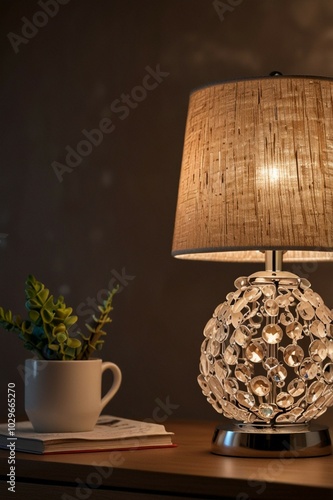 A Table lamp that is on a table with books and a plant on it.