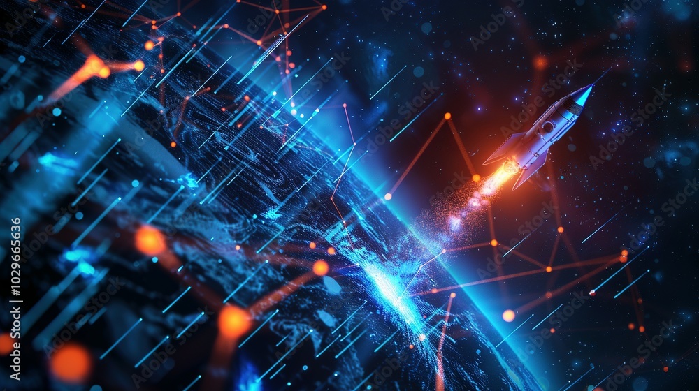 Obraz premium Rocket Launching from Earth with Digital Network Connections